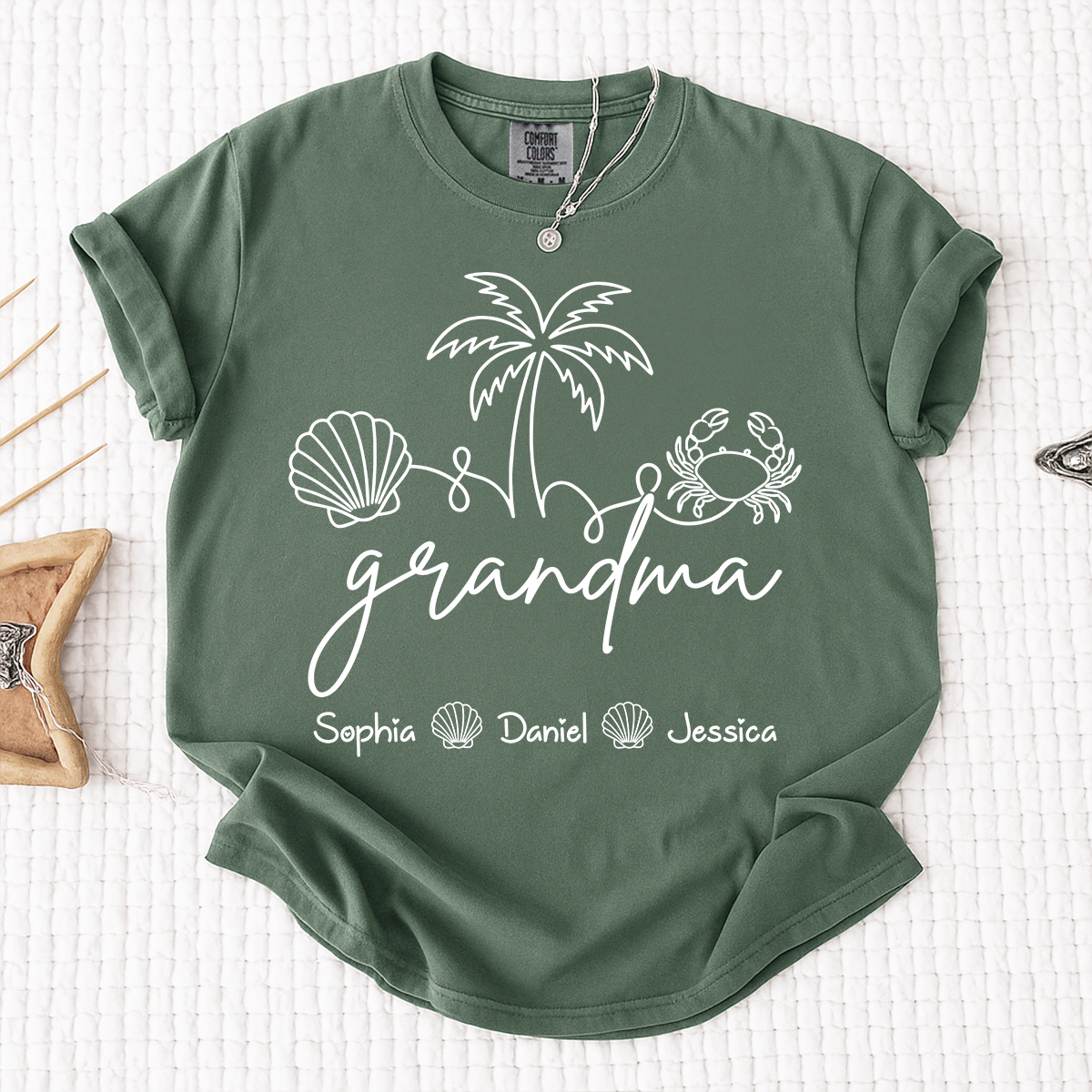 Comfort Colors Personalized Grandma Shirt with Grandkids Names, Custom Beach Line Art Tee, Palm Tree Shell Crab Family T-Shirt