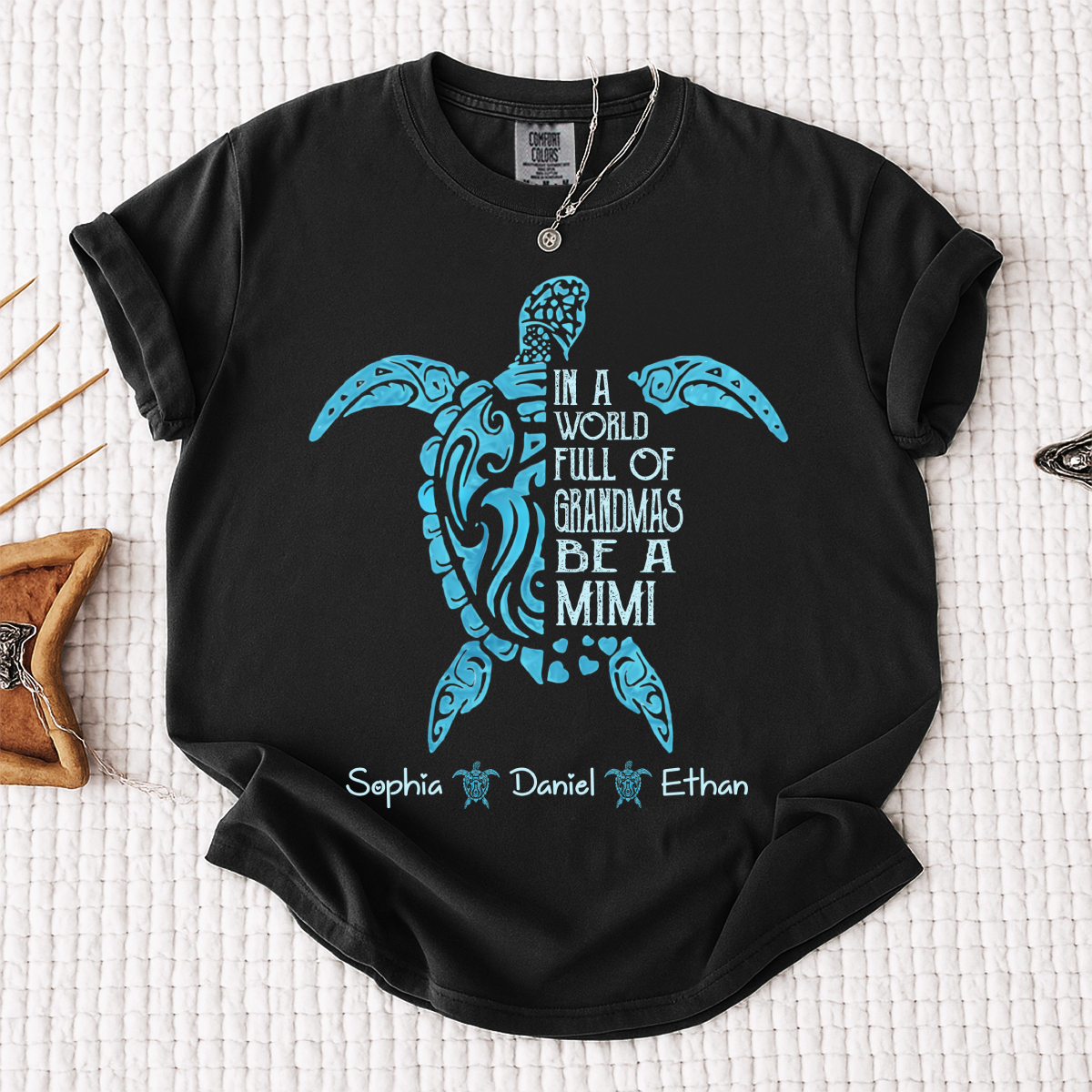 Comfort Colors In A World Full Of Grandmas Be A Mimi Shirt – Personalized Sea Turtle Graphic Tee, Custom Kids Names Gift for Mimi
