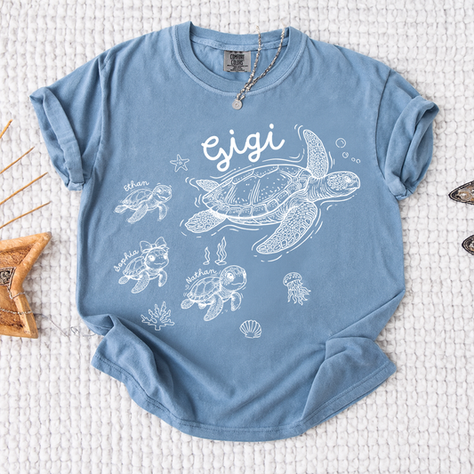 Comfort Colors® Custom Gigi Shirt Featuring Turtle Mom and Baby Names, Unique Grandma Gift Shirt for Women