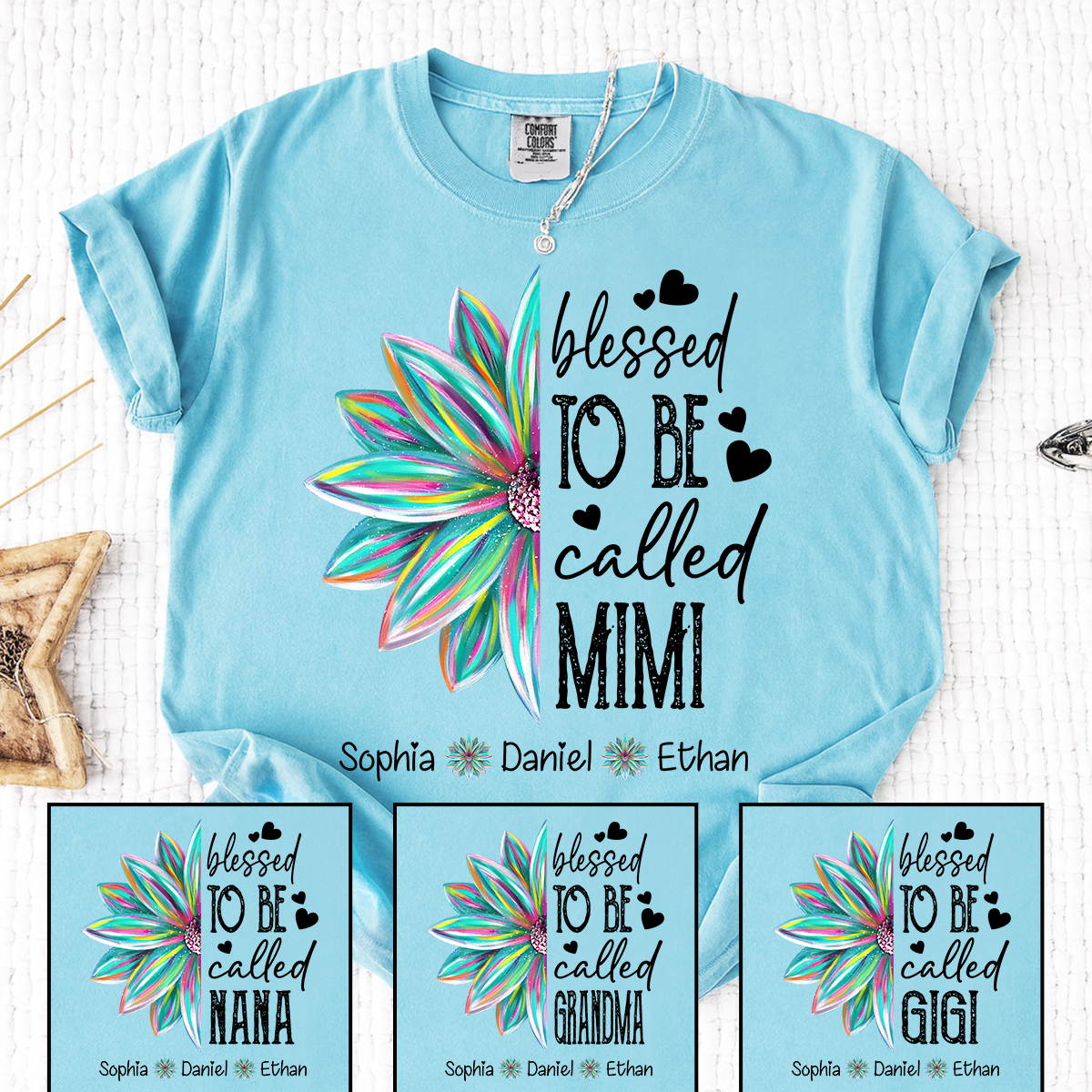 Comfort Colors Blessed To Be Called Mimi Colorful Flower T Shirt, Personalized Grandma Shirt with Kids' Names