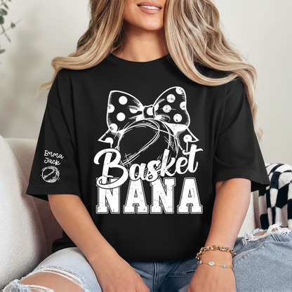 Black And White T-shirt With Basketball Print, Mimi Style, Can Be Printed With Grandchildren's Names, Suitable As A Gift For Grandma