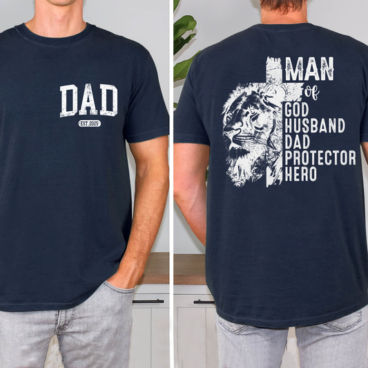 Men of God Husband Dad Protector Hero Lion T-Shirt, Custom Father's Day Gift for Dad, EST 2025