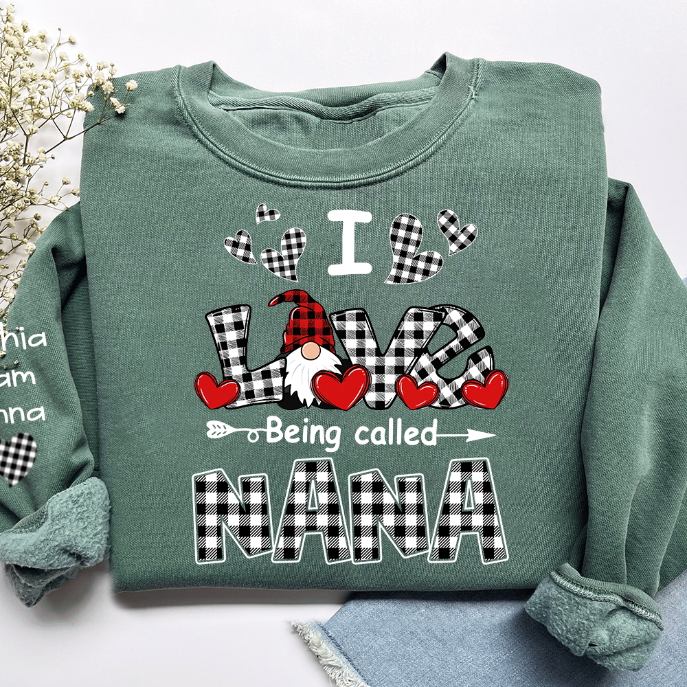 I Love Being Called Nana Sweatshirt, Gingham Heart Gnome, For Gift Valentine Grandma And Kids