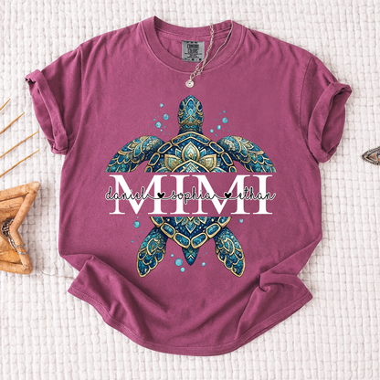 Comfort Colors Mimi Sea Turtle Shirt, Personalized Grandma Shirt with Grandchildren Names, Coastal Summer Gift for Mimi Nana