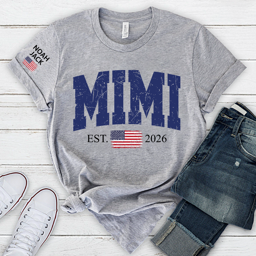Patriotic Mimi T Shirt, Vintage American Flag Design with Custom Grandkids Names