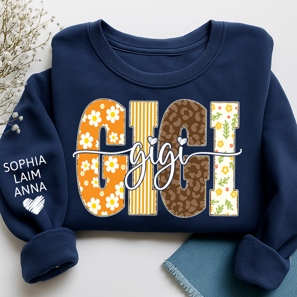 Gigi Fall Grandma Sweatshirt – Custom Name Sleeve and Retro Plaid Floral Letter Design