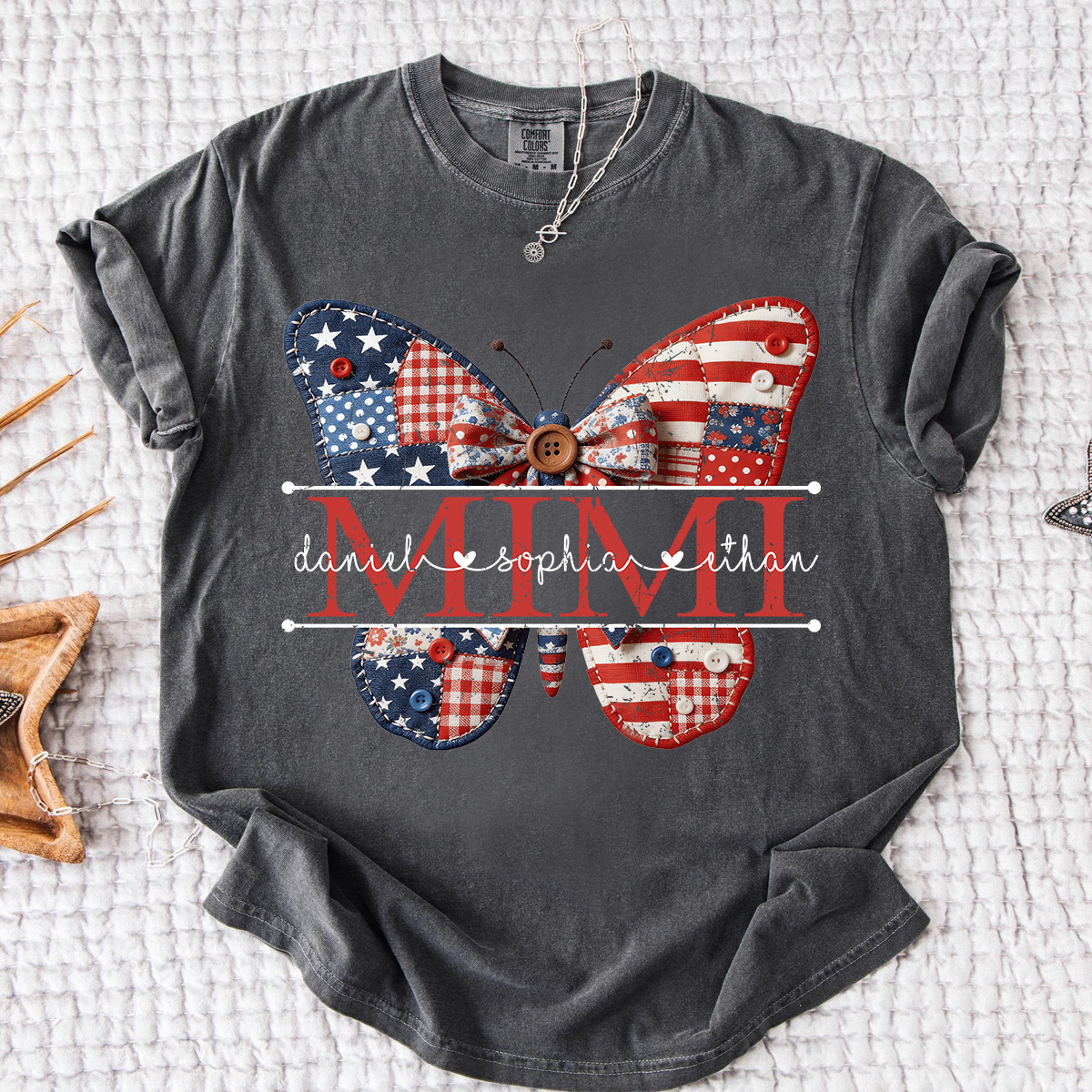 Comfort Mimi Patriotic Shirt, Custom Names with USA Flag and Floral Butterfly Graphic