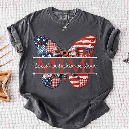 Comfort Mimi Patriotic Shirt, Custom Names with USA Flag and Floral Butterfly Graphic