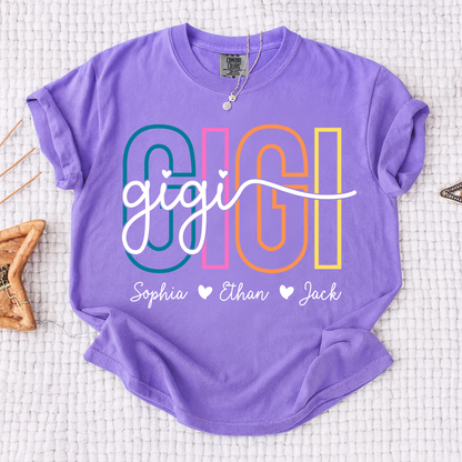 Comfort Colors® Personalized Gigi Shirt with Grandkids Names, Custom Grandma Tee, Colorful Gigi Name Shirt, Gift for Grandmother from Grandchildren