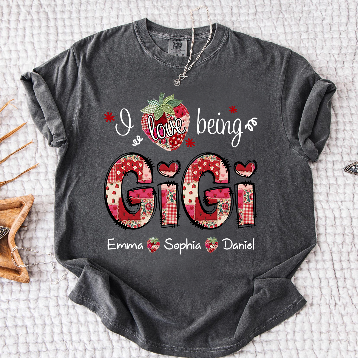 Comfort Colors Personalized I Love Being Gigi Shirt, Custom Grandma Strawberry Patchwork Tee with Names, Gift for Grandma
