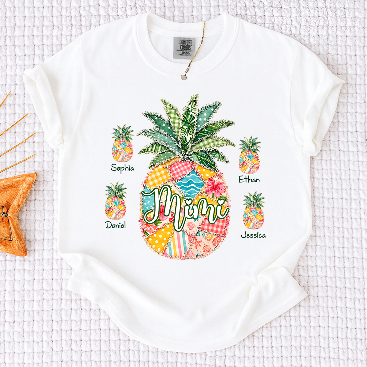 Comfort Colors Personalized Mimi Pineapple Shirt with Grandkids Names, Custom Grandma Tropical T Shirt for Women, Summer Beach Family Gift