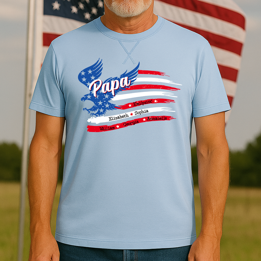 Papa With Grandkids Names 4th Of July Classic X-Stitch Tee