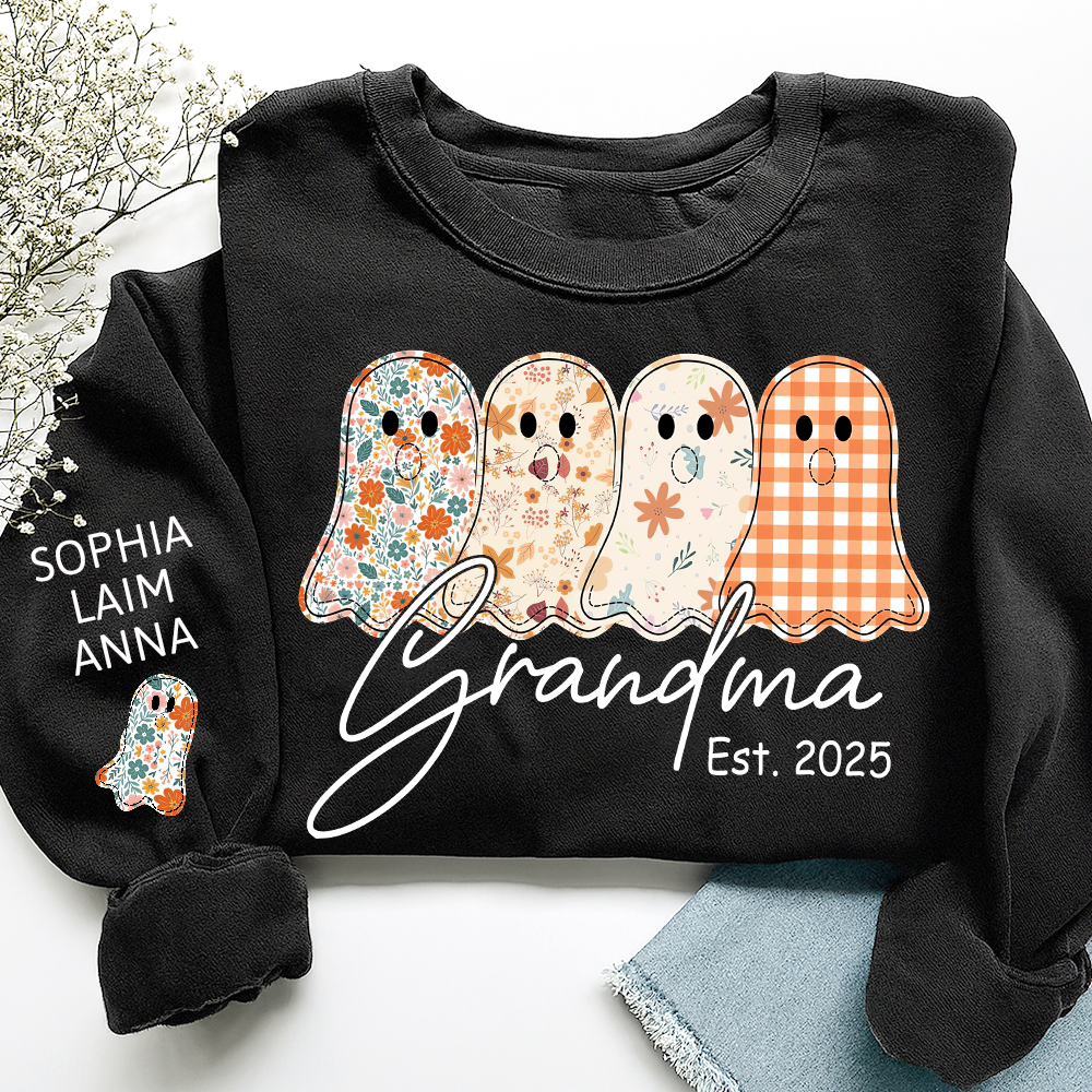 Personalized Fall Ghost sweatshirt, Custom Kids name on sleeve, For Gift Grandma