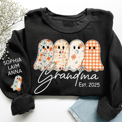 Personalized Fall Ghost sweatshirt, Custom Kids name on sleeve, For Gift Grandma