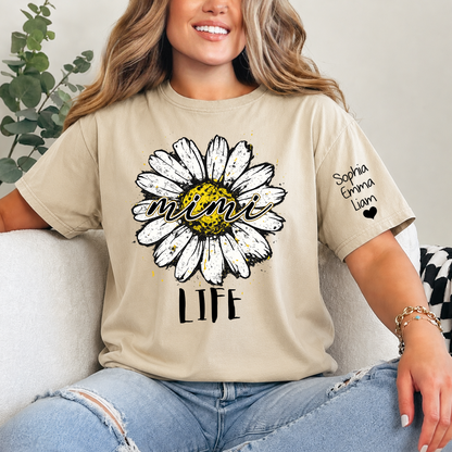 Personalized Mimi Life Daisy Shirt, Custom Grandma T-Shirt with Kids Names on Sleeve, Floral Family Name Tee Gift for Grandma, Nana Shirt