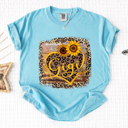 Comfort Colors Leopard Print Gigi Shirt, Personalized Sunflower Heart T-Shirt, Cute Grandmother Gift, Gigi Floral Leopard Tee, Gift for Mother's Day