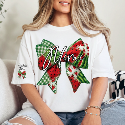 Mimi Watermelon Bow T-Shirt Personalized Grandma Shirt Summer Family Names Tee