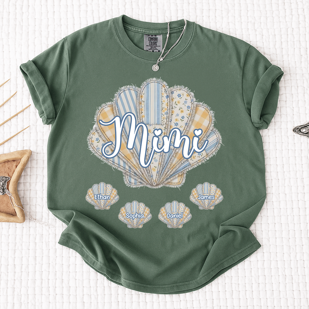 Comfort Colors Personalized Mimi Shirt with Grandkids Names, Custom Seashell Patchwork Graphic Tee, Beach Grandma Summer Family Shirt