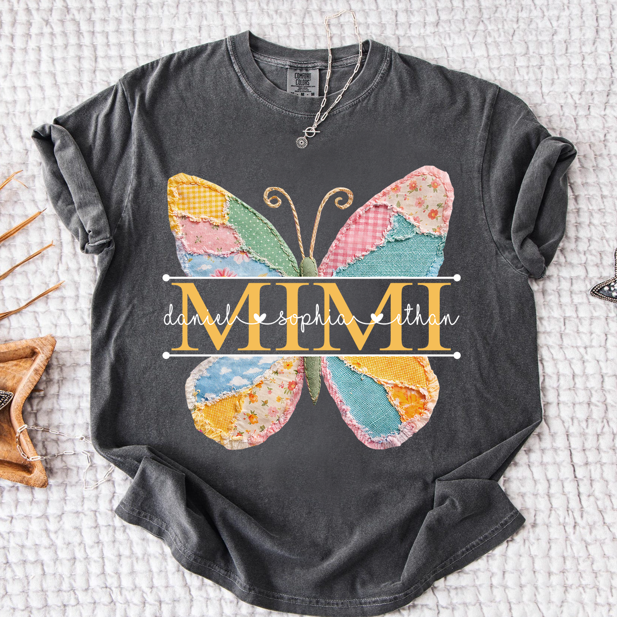 Comfort Personalized Mimi Shirt with Grandkids Names, Butterfly Patchwork Design Family Tee