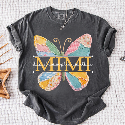Comfort Personalized Mimi Shirt with Grandkids Names, Butterfly Patchwork Design Family Tee