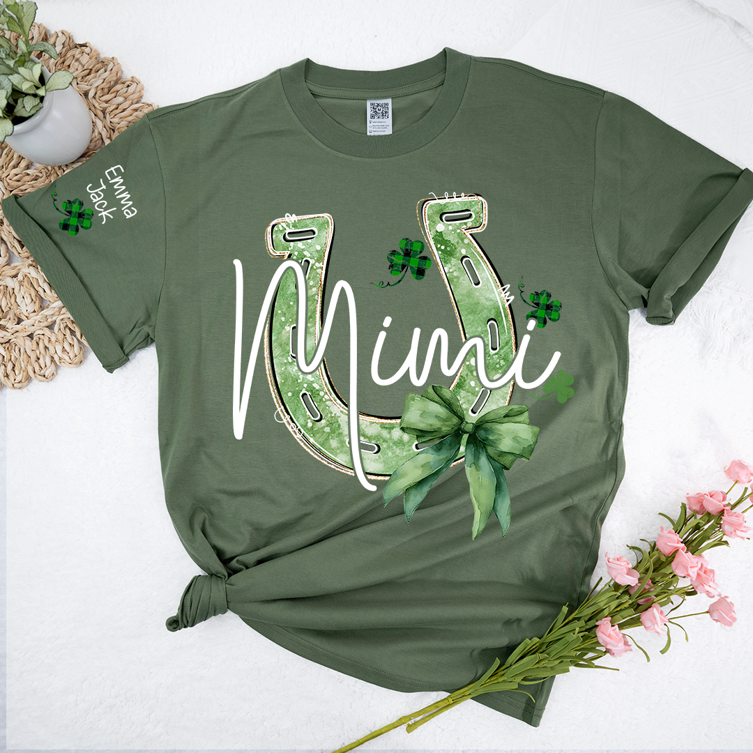 Mimi St Patrick’s Day Shirt, Lucky Horseshoe Shamrock Family T Shirt, With Grandma And Kids Names
