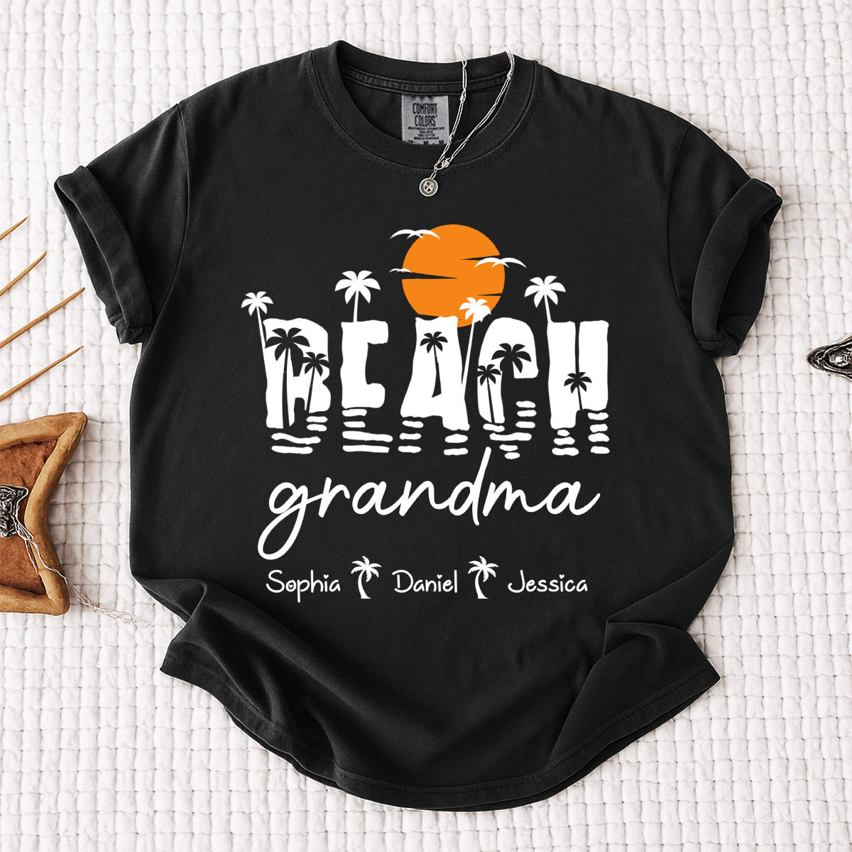 Comfort Colors Personalized Tropical Grandma Shirt – Custom Beach Sunset Palm Tree Tee with Grandchildren Names, Vacation Gift for Her