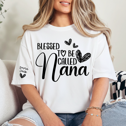 Blessed To Be Called Nana Personalized T-Shirt, Custom Name Nana Tee with Heart Graphic