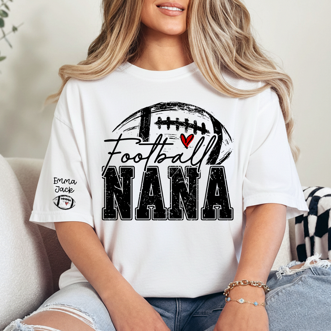 Personalized Nana Football Shirt with Heart, Custom Football Tee Kids Names And Grandma