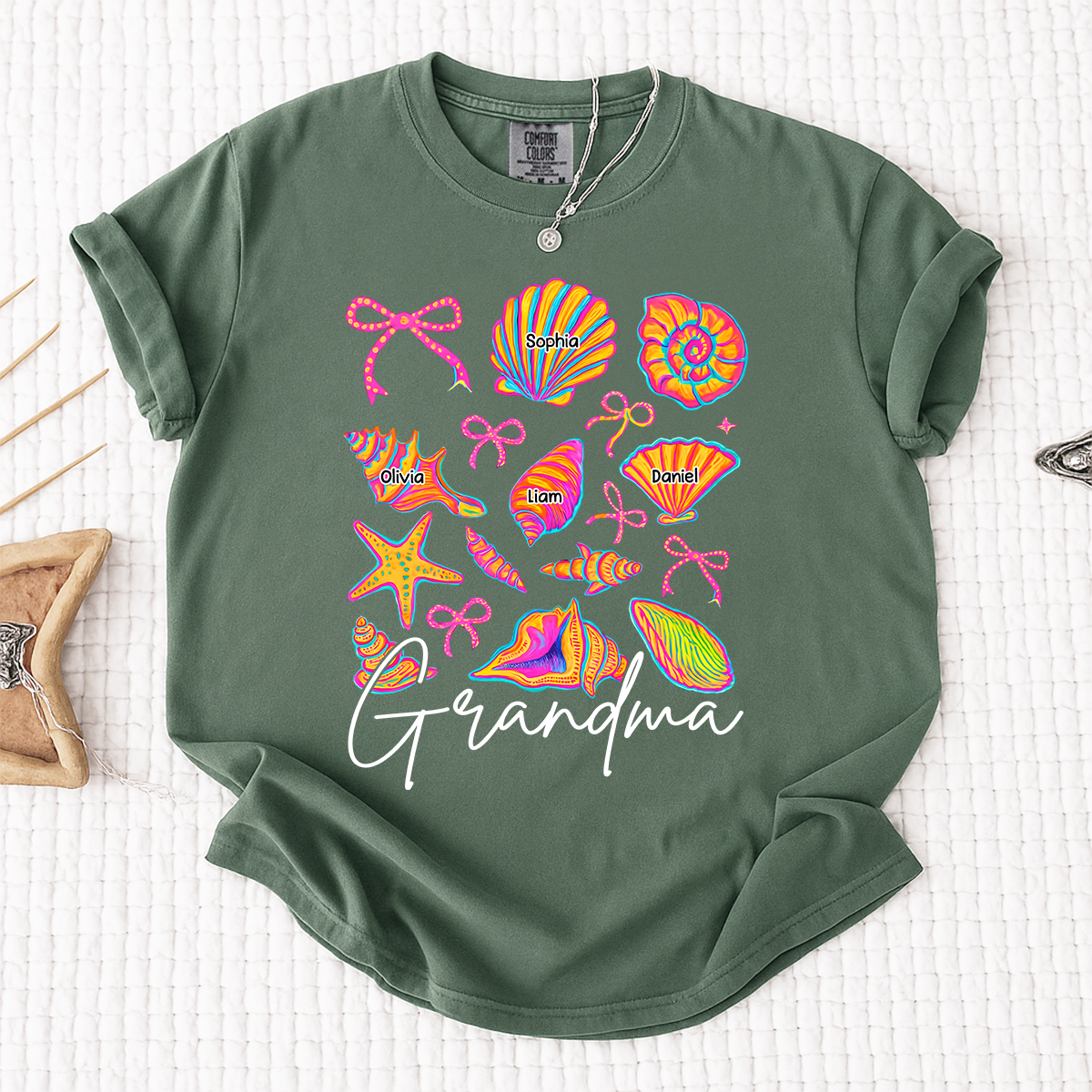 Comfort Colors Personalized Grandma Shirt with Grandkids Names, Custom Beach Seashell Grandma Tee, Coastal Summer Family Gift for Grandmother