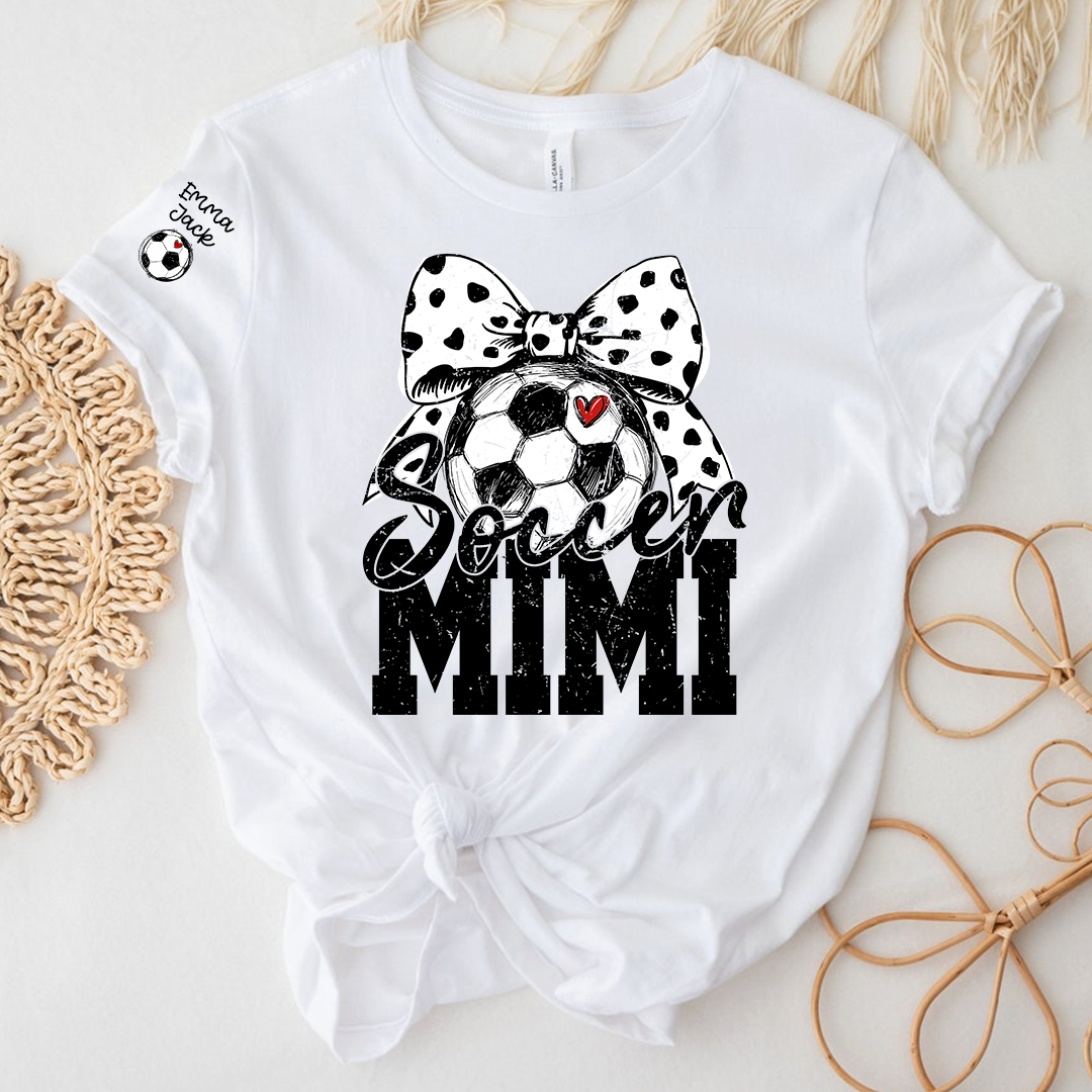 Personalized Soccer Mimi Shirt, Soccer Ball and Bow Design with Kids Names