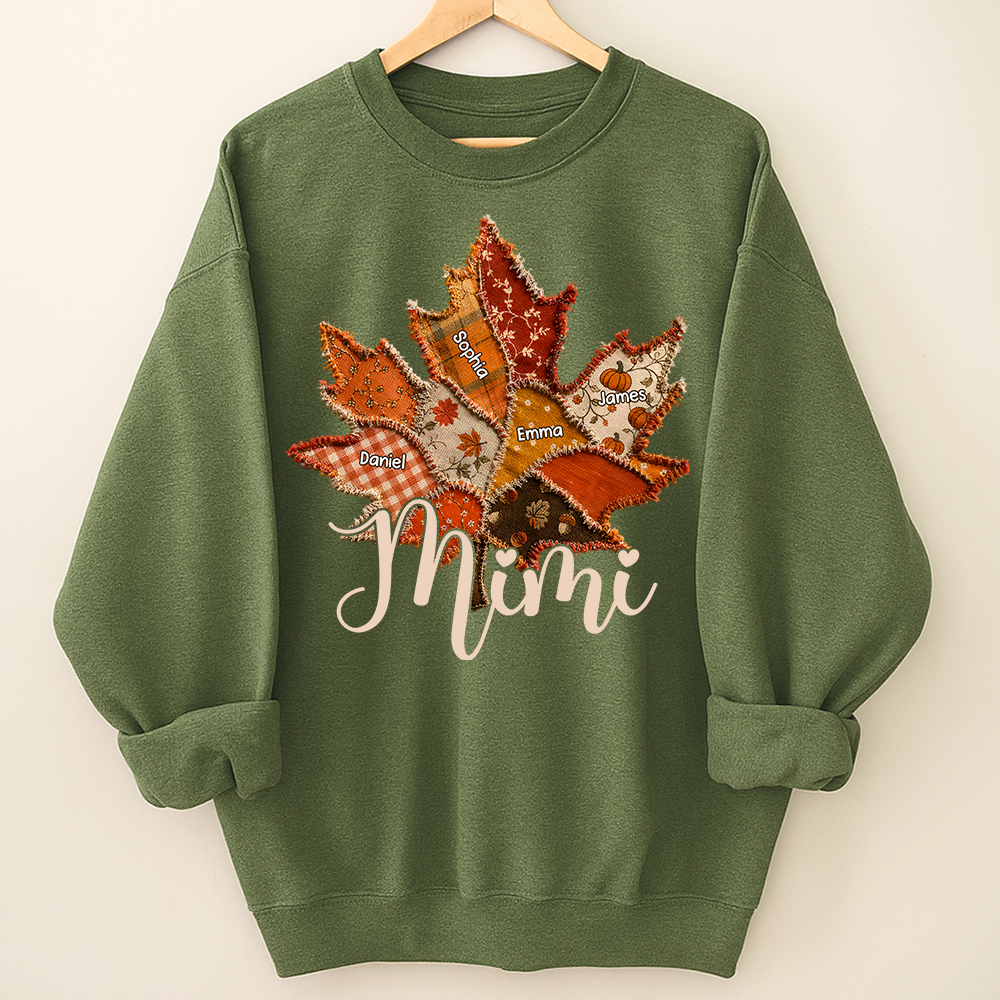 Personalized Mimi Fall Sweatshirt, Custom Grandkids Names Leaf Patchwork Sweatshirt, Autumn Grandma Gift, Cozy Thanksgiving Outfit