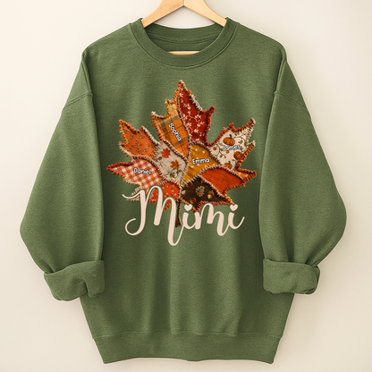 Personalized Mimi Fall Sweatshirt, Custom Grandkids Names Leaf Patchwork Sweatshirt, Autumn Grandma Gift, Cozy Thanksgiving Outfit