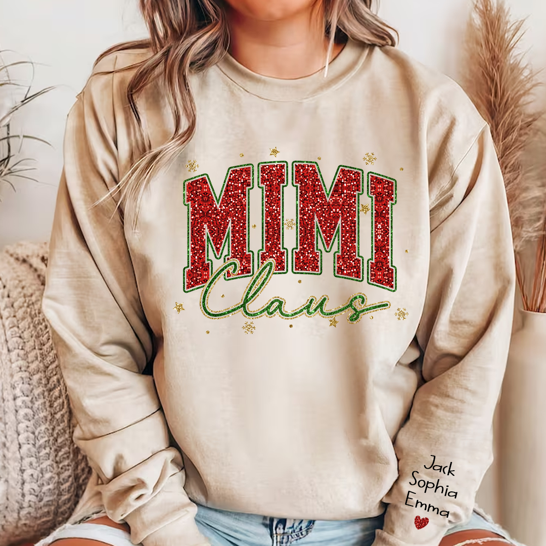Personalized Mimi Claus Glitter Sweatshirt - Custom Christmas Sweater with Grandkids' Names - Festive Holiday Apparel for Grandmas