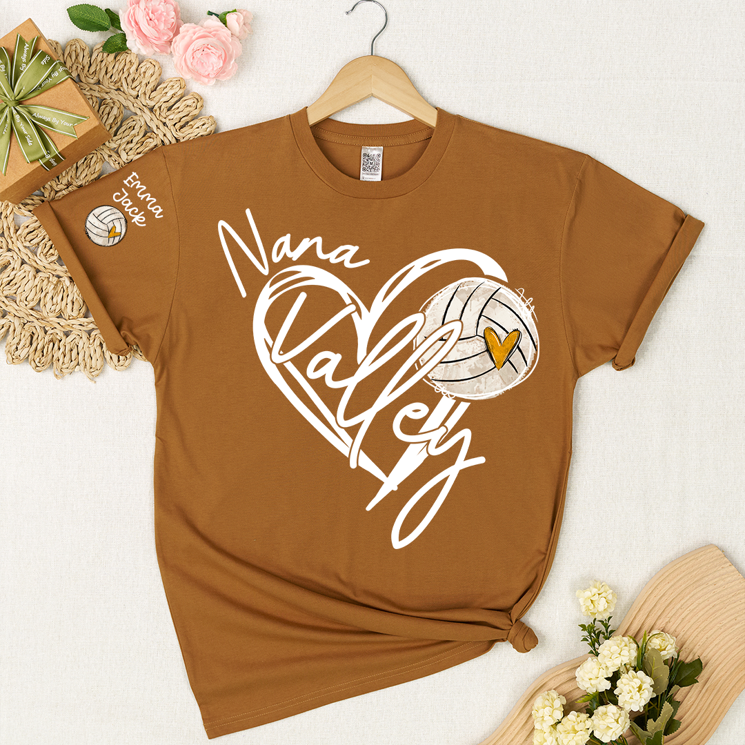 Personalized Nana Volleyball T Shirt, Custom Names with Heart and Volleyball Graphic