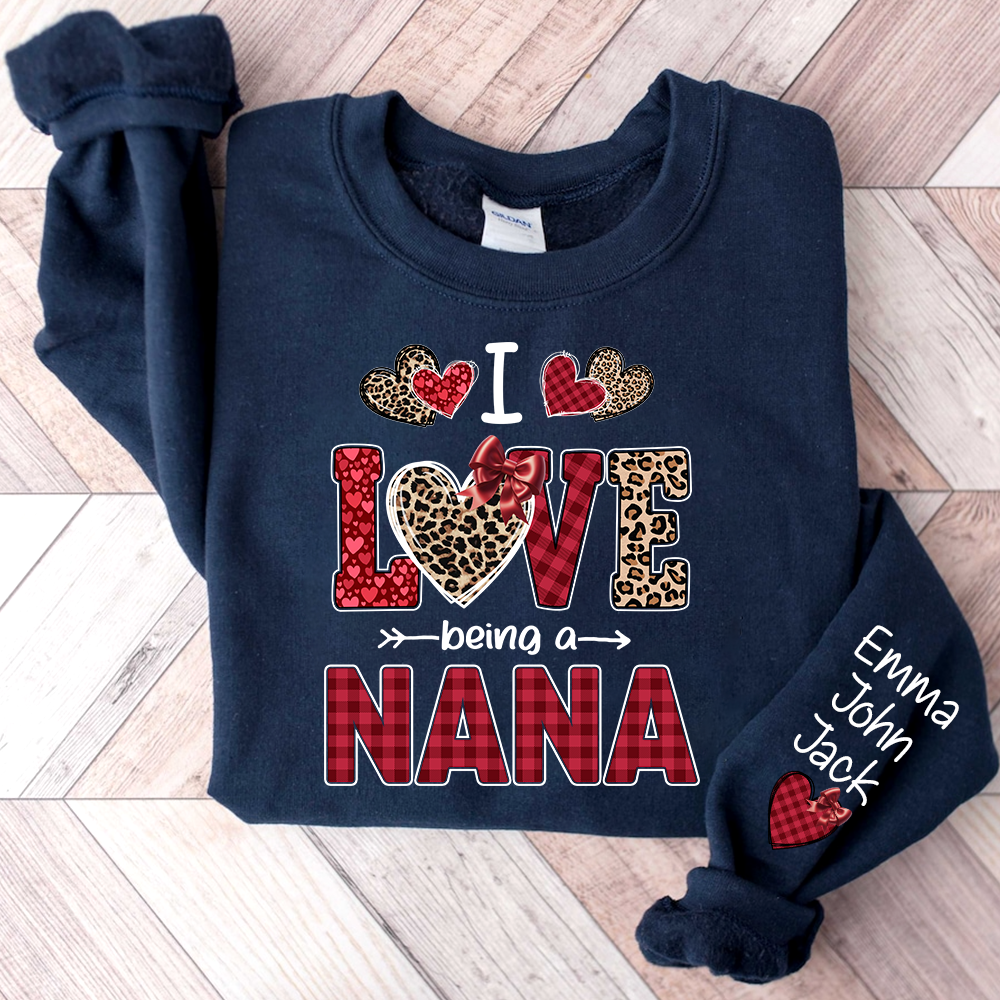 I Love Being a Nana Sweatshirt, Leopard and Plaid Heart Valentine Family Crewneck