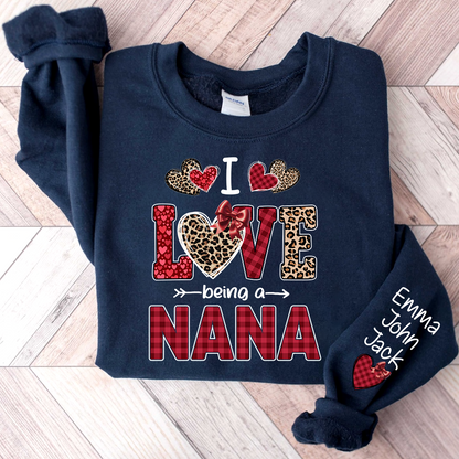 I Love Being a Nana Sweatshirt, Leopard and Plaid Heart Valentine Family Crewneck