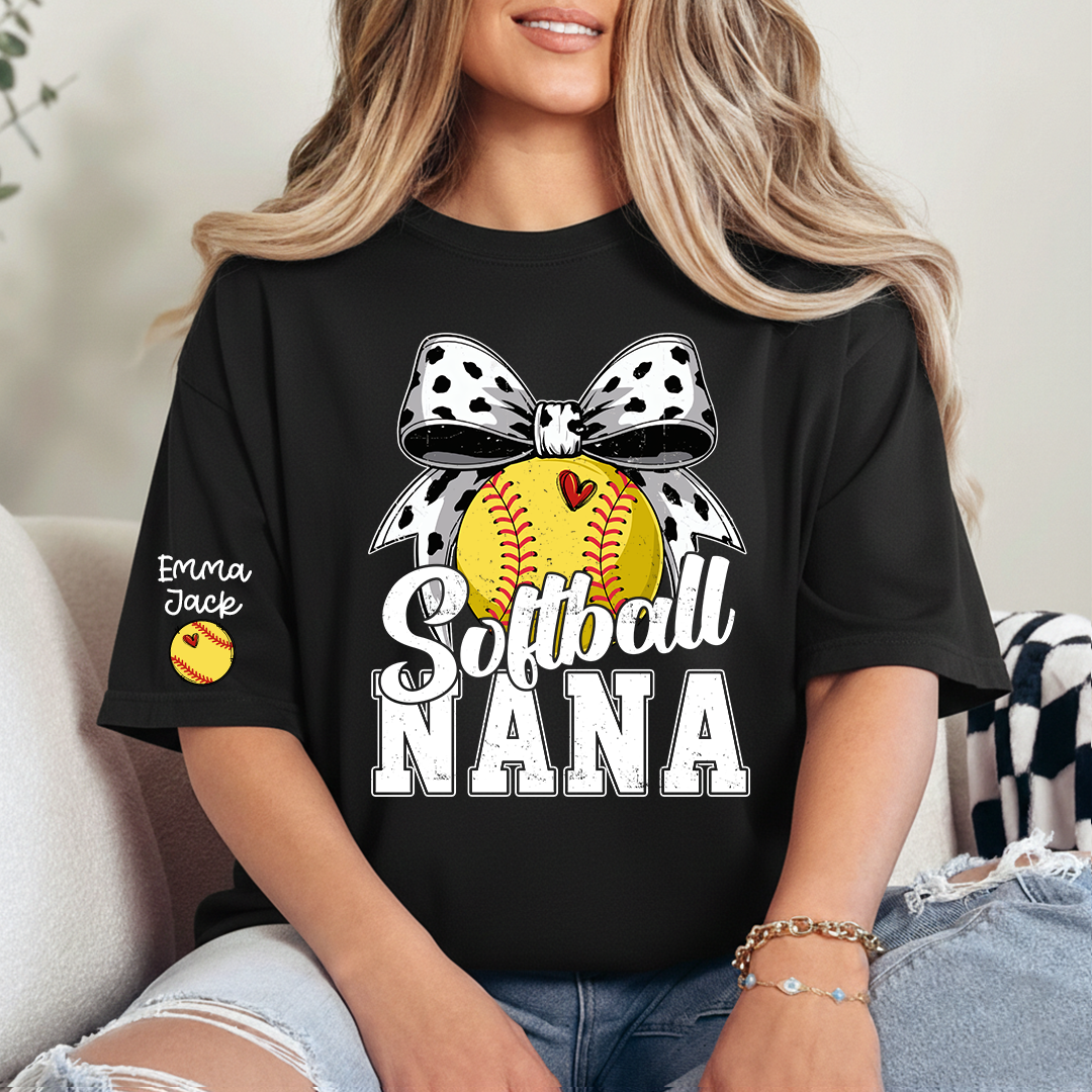 Proud Softball Nana T Shirt, Personalized Kids Names Sports Shirt with Bow Graphic