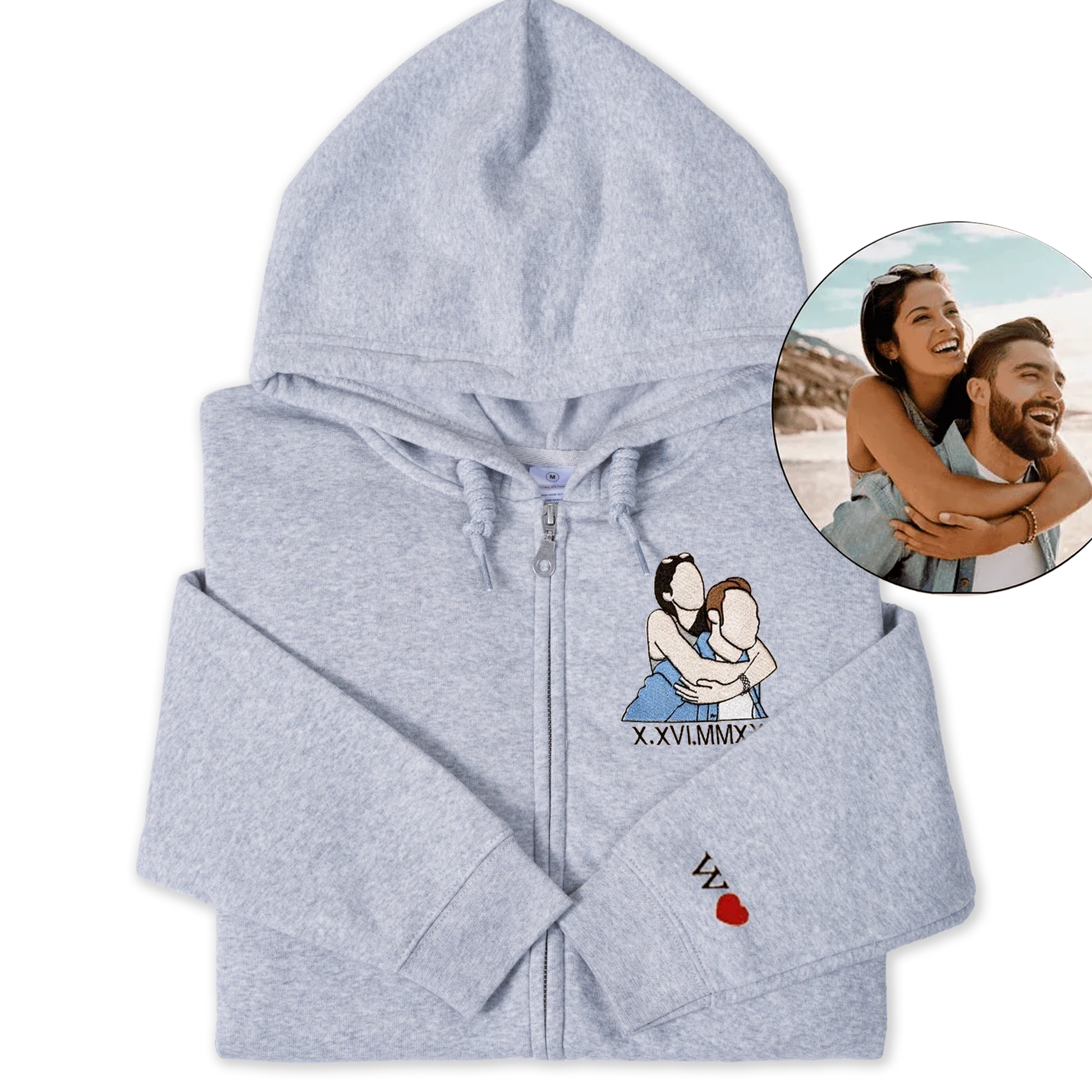Personalized Embroidered Zip Hoodie, Custom Portrait Couple Embroidered Zip Hoodie