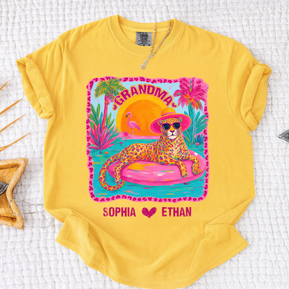 Comfort Colors® Custom Grandma Preppy Summer Gift Shirt, Gift For Grandma And Kids, Girly Beach Tee Retro Leopard Shirt Design Cute Summer Colorful Summe