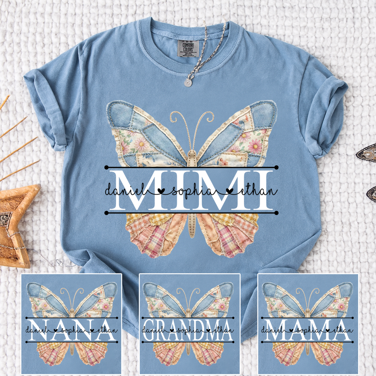 Comfort Mimi Patchwork Butterfly Shirt, Custom Grandkids Names with Floral Family Design Tee