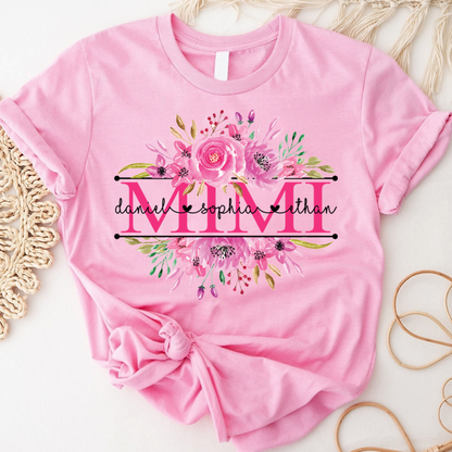 Custom Mimi T Shirt, Grandkids Names with Floral Rose Design Family Gift