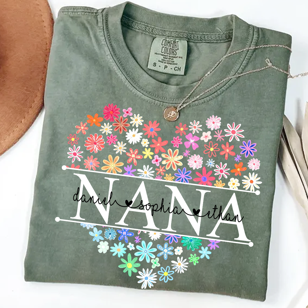 Comfort Colors Personalized Nana Flower Heart Shirt, Custom Grandma Nickname Tee With Kids Names, Mimi Gigi Grandma Floral Heart Design Family Grandkids Name Shirt Mothers Day Grandma Apparel