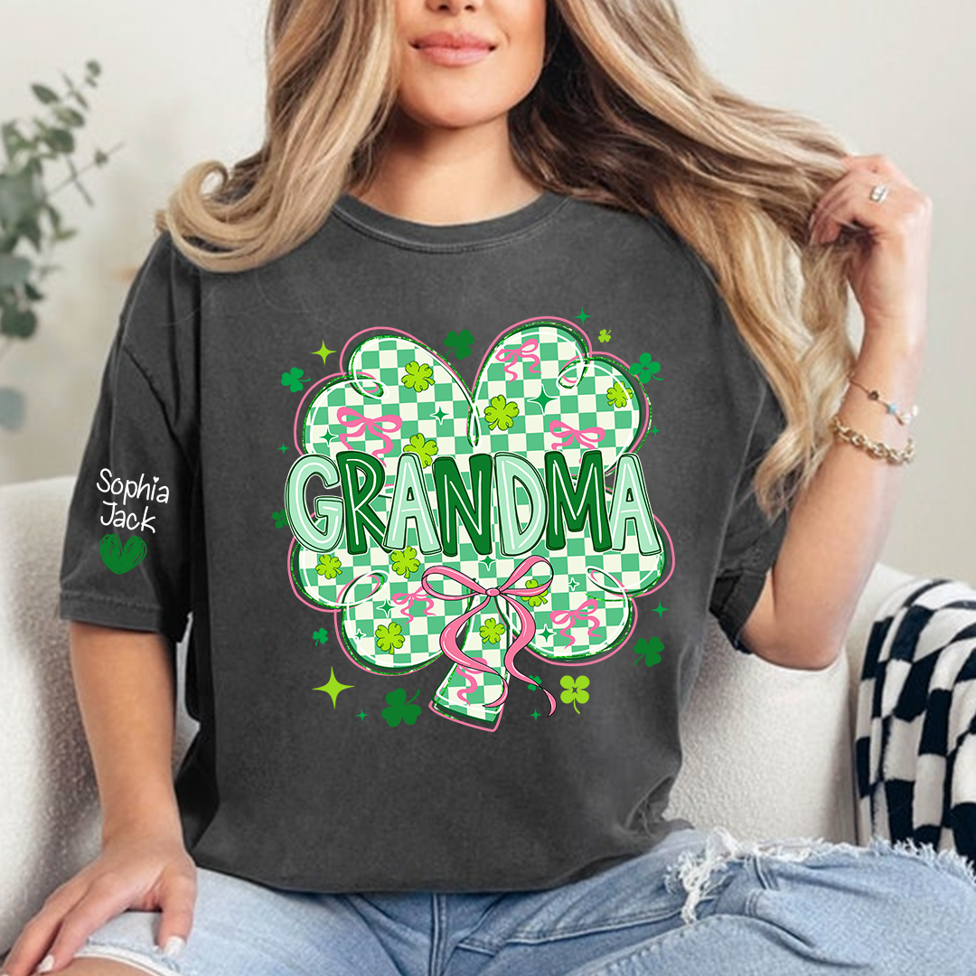 Heart Mimi T-Shirt For St Patrick’s Day, Personalized Grandma Shamrock Clover T Shirt With Kids Names