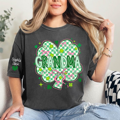 Heart Mimi T-Shirt For St Patrick’s Day, Personalized Grandma Shamrock Clover T Shirt With Kids Names