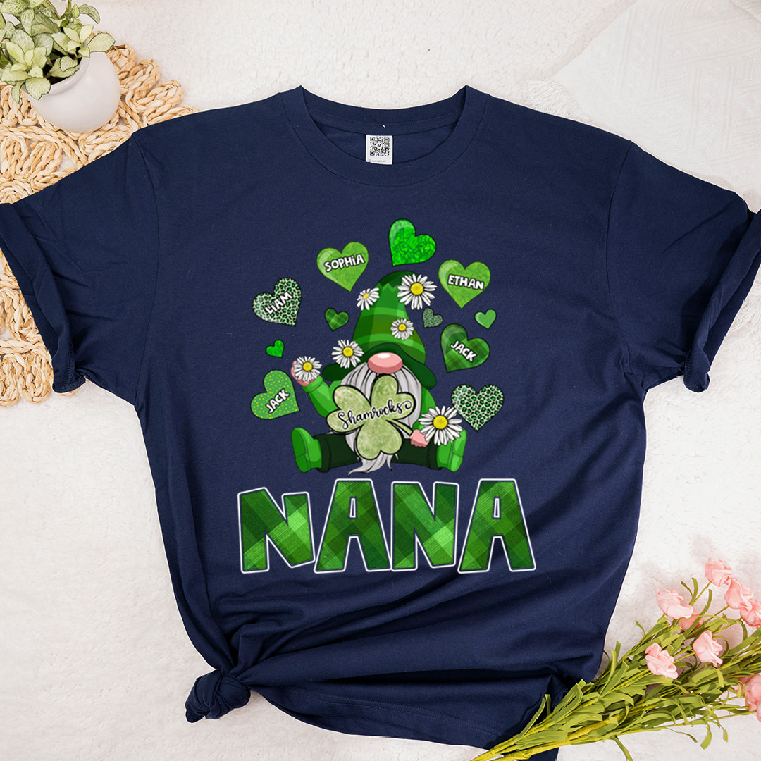Nana Shamrock Shirt for St Patrick’s Day, Personalized Family Gnome T Shirt, for Grandma and Kids