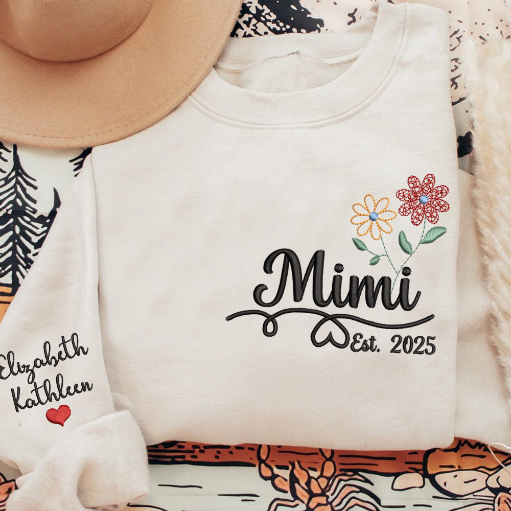 Personalized Embroidered Name Sweatshirts with Flowers, Gifts For Grandma And Kids