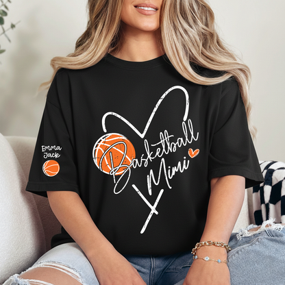 Personalized Mimi Heart Basketball T Shirt, Custom Names with Basketball and Heart Design, Give Family