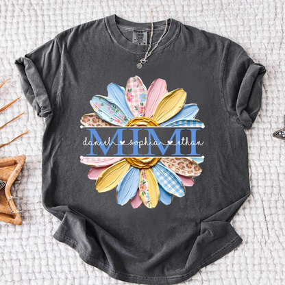 Comfort Mimi Floral Shirt, Custom Grandkids Names with Colorful Patchwork Daisy Design