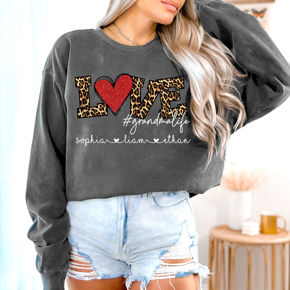 Personalized Grandma Sweatshirt with Grandkids Names, LOVE Leopard Heart Design, Grandma Life Custom Family Crewneck