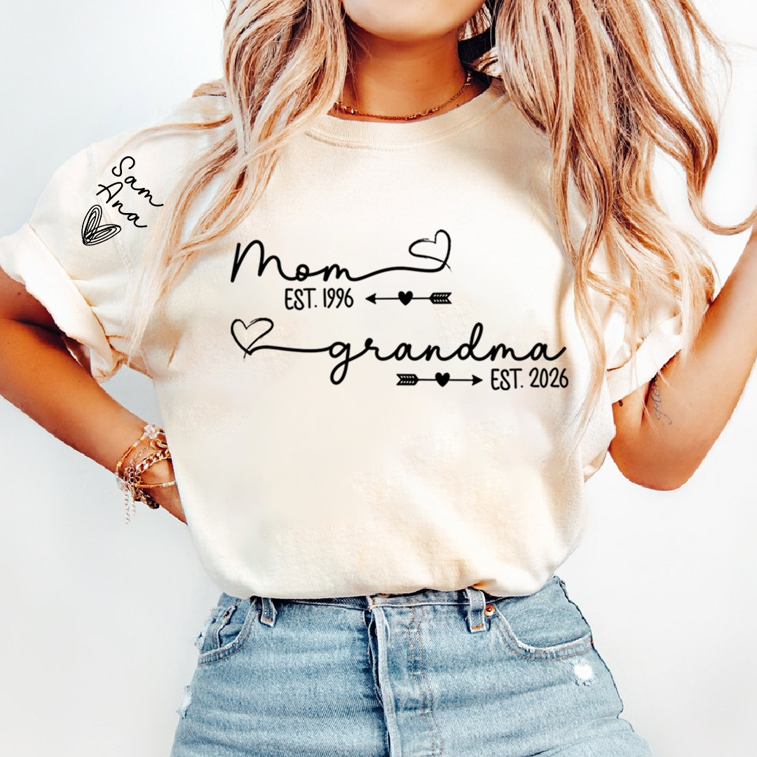 Personalized Mom and Grandma Shirt, Custom EST Year T-Shirt with Heart and Arrow Design for Mom and Grandma